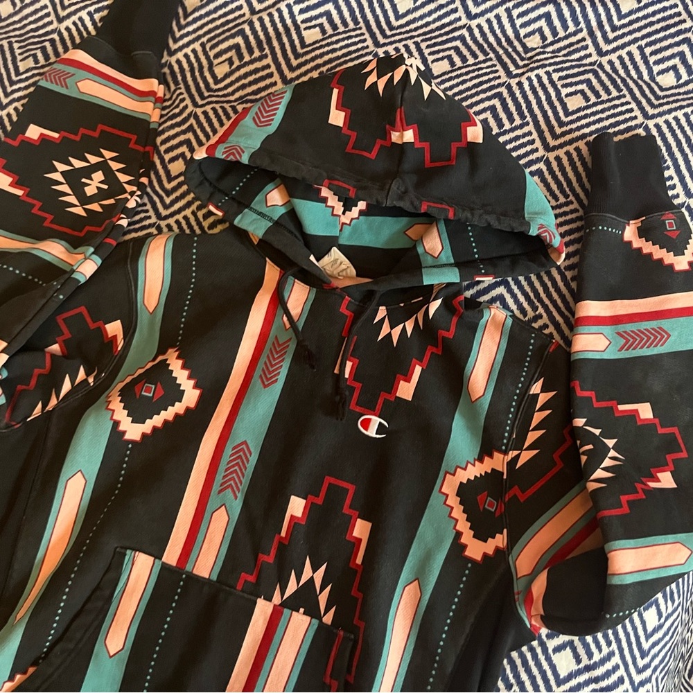 Champion Tribal Print Hoodie Reverse weave size medium
